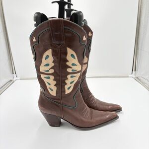 Vintage 90s Whimsigoth Butterfly Hearts Western Cowgirl Cowboy Heeled Boots 10